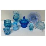 A Wonderful Assortment of Beautiful Blue Glass including an Open Lace Blue Opalescent Double Lace Rim Baby Blue Bowl