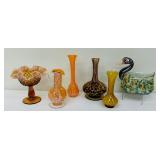 A Wonderful Assortment of Fall Color Glassware including a Vintage Fenton Carmel Opalescent Compote