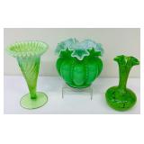 Vintage Green Glass Items including a Vintage Fenton Beaded Green Melon Vase