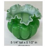 Vintage Green Glass Items including a Vintage Fenton Beaded Green Melon Vase