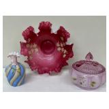 Victorian Milk Glass Vase, Fenton Melon Shaped Covered Dish and Crimped Edge Bowl