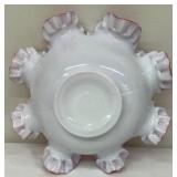 Victorian Milk Glass Vase, Fenton Melon Shaped Covered Dish and Crimped Edge Bowl