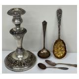 Lovely Silver Plate Weighted Candle Holder and Four Lovely Assorted Spoons