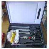 Fishing filet set, 3 knives, scissor, sharpener, board