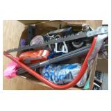 Box of hitches, flags, bow saw