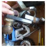Box of hitches, flags, bow saw