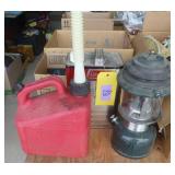 Coleman lantern, fuel and gas can