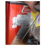 Coleman lantern, fuel and gas can