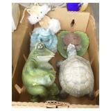 3 Clay pottery planters and a group of garden animals