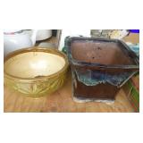 3 Clay pottery planters and a group of garden animals