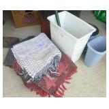 group of woven rag rugs and 3 waste baskets