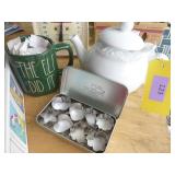 Kitchen scale, tea pot, cup, Pampered chef cutters, and Gripper for cutting fabric