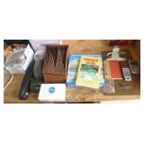 Group of office supplies, box of drawer pulls, dryer link vacuum attachment