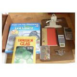 Group of office supplies, box of drawer pulls, dryer link vacuum attachment
