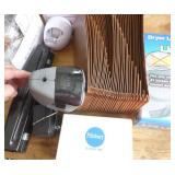 Group of office supplies, box of drawer pulls, dryer link vacuum attachment