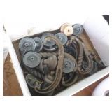 Group of office supplies, box of drawer pulls, dryer link vacuum attachment
