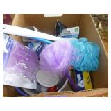 Box full of dusters, bath scrubbies, light bulbs