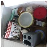 Box full of candles and a warmer for pot pourrie, plus a desk clock and a decorative pot and metal birds