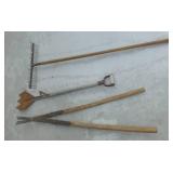 THREE Antique tools - tree trimmer, hay cutter, rake
