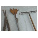 THREE Antique tools - tree trimmer, hay cutter, rake