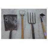 Garden tools - hoe, potato fork, weeder, shovel