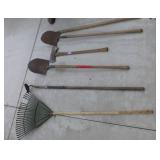 shovels, rake, axe, hoe and an extra handle
