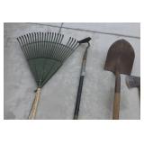 shovels, rake, axe, hoe and an extra handle