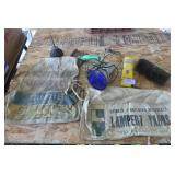 Vintage nail aprons, sander, oil can, animal comb, wire brush, blue light