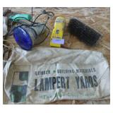 Vintage nail aprons, sander, oil can, animal comb, wire brush, blue light