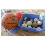 Bin of baseballs and softballs with a basketball to boot