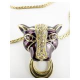 Noir Enamel CZ Accented Jaguar Base Metal Pendant Necklace .