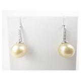 Carol Brodie Cultured Golden South Sea Pearl Diamond Earrings sterling Silver French Wire Earrings , Set With Earth Mined Diamonds.