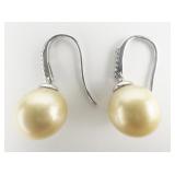 Carol Brodie Cultured Golden South Sea Pearl Diamond Earrings sterling Silver French Wire Earrings , Set With Earth Mined Diamonds.