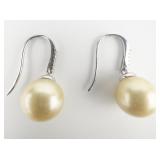 Carol Brodie Cultured Golden South Sea Pearl Diamond Earrings sterling Silver French Wire Earrings , Set With Earth Mined Diamonds.