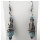 Boho Carved Turquoise Sterling Silver French Wire Earrings .