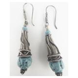 Boho Carved Turquoise Sterling Silver French Wire Earrings .