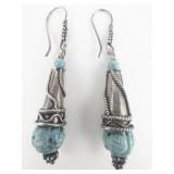 Boho Carved Turquoise Sterling Silver French Wire Earrings .