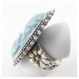 Amy Kahn Russell Carved Flower Turquoise Sterling Silver Statement Ring. Size 8 - 8.25.