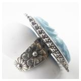 Amy Kahn Russell Carved Flower Turquoise Sterling Silver Statement Ring. Size 8 - 8.25.