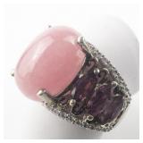 STS Jewels Burmese Pink Jade, "Orissa" Rhodolite Garnet sterling Silver Statement Ring. Size 9.5 - 9.75.