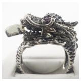 Dragon CZ Accented With Aventurine Sterling Silver Ring. Size 9.
