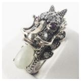 Dragon CZ Accented With Aventurine Sterling Silver Ring. Size 9.