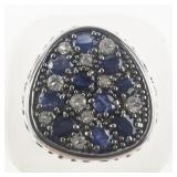 Sima K Blue Sapphire & White Topaz Cluster Sterling Silver Statement Ring . Size 8.75 - 9.