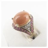 Coral, Ruby, & White Zircon Vermeil Cocktail Ring. Size 9.75 - 10.