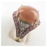 Coral, Ruby, & White Zircon Vermeil Cocktail Ring. Size 9.75 - 10.