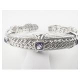Judith Ripka Amethyst Cushion Cut Woven Sterling Silver Hinged Cuff Bracelet.