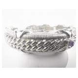 Judith Ripka Amethyst Cushion Cut Woven Sterling Silver Hinged Cuff Bracelet.