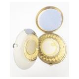 M&K Enamel Floral Double Vanity Gold Tone Base Metal Makeup Compact.