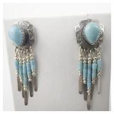Quoc Turquoise Southwest Style Turquoise Dream Catcher Sterling Silver Dangle Earrings .