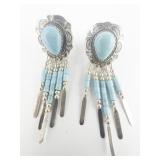 Quoc Turquoise Southwest Style Turquoise Dream Catcher Sterling Silver Dangle Earrings .